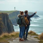 Couple regardant la côte bretonne depuis un sommet rocheux