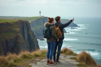 Couple regardant la côte bretonne depuis un sommet rocheux