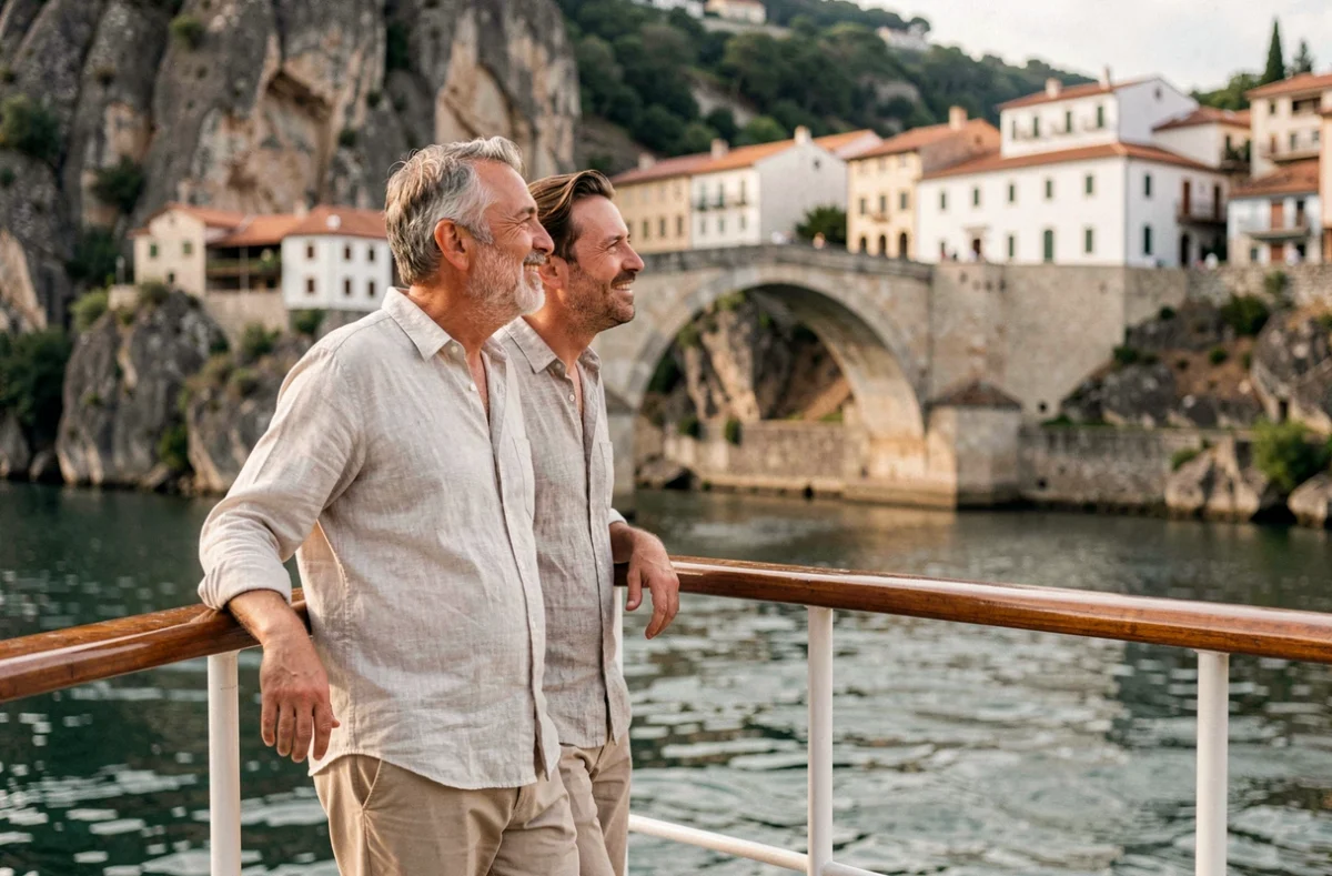 Couple de voyageurs observant un village médiéval espagnol depuis le pont d'un bateau de croisière fluviale