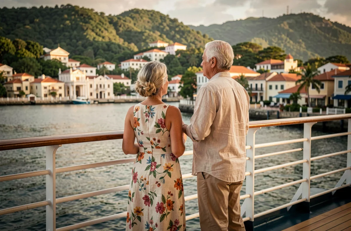 Couple de voyageurs admirant un port exotique depuis le pont du MSC Magnifica en croisière
