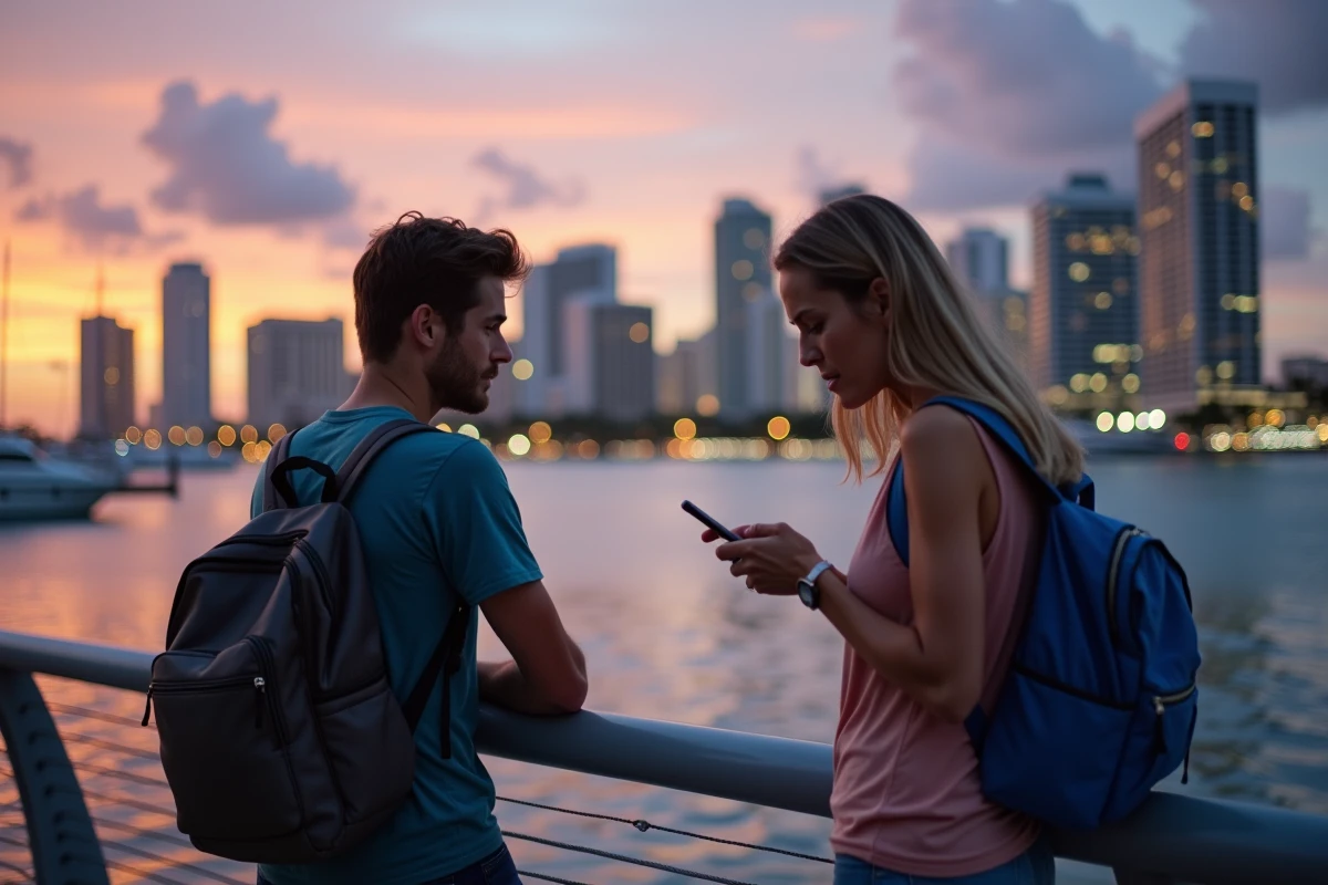 Couple de touristes visiblement fatigués par le décalage horaire sur la promenade de Miami au coucher du soleil