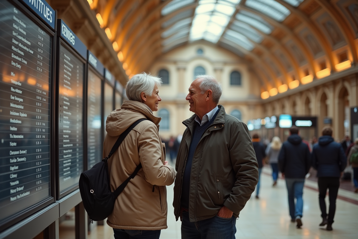 Couple regardant le tableau des départs à la gare de Lyon