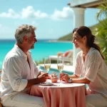 Couple élégant trinquant au champagne sur la terrasse d'un hôtel de luxe en Guadeloupe à Noël, vue sur la mer des Caraïbes