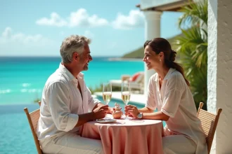 Couple élégant trinquant au champagne sur la terrasse d'un hôtel de luxe en Guadeloupe à Noël, vue sur la mer des Caraïbes