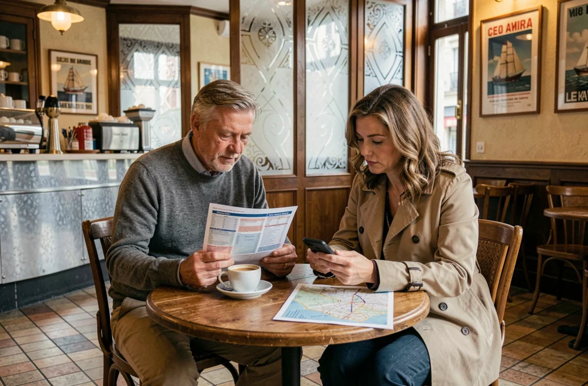 Couple consultant un itinéraire de croisière MSC dans un café brasserie au Havre
