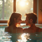 Couple romantique dans un jacuzzi moderne intérieur
