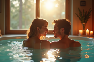 Couple romantique dans un jacuzzi moderne intérieur