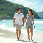 Jeune couple souriant sur la plage de Kuta Lombok