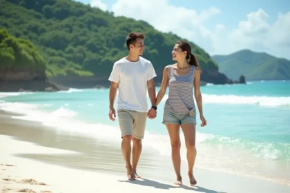 Jeune couple souriant sur la plage de Kuta Lombok