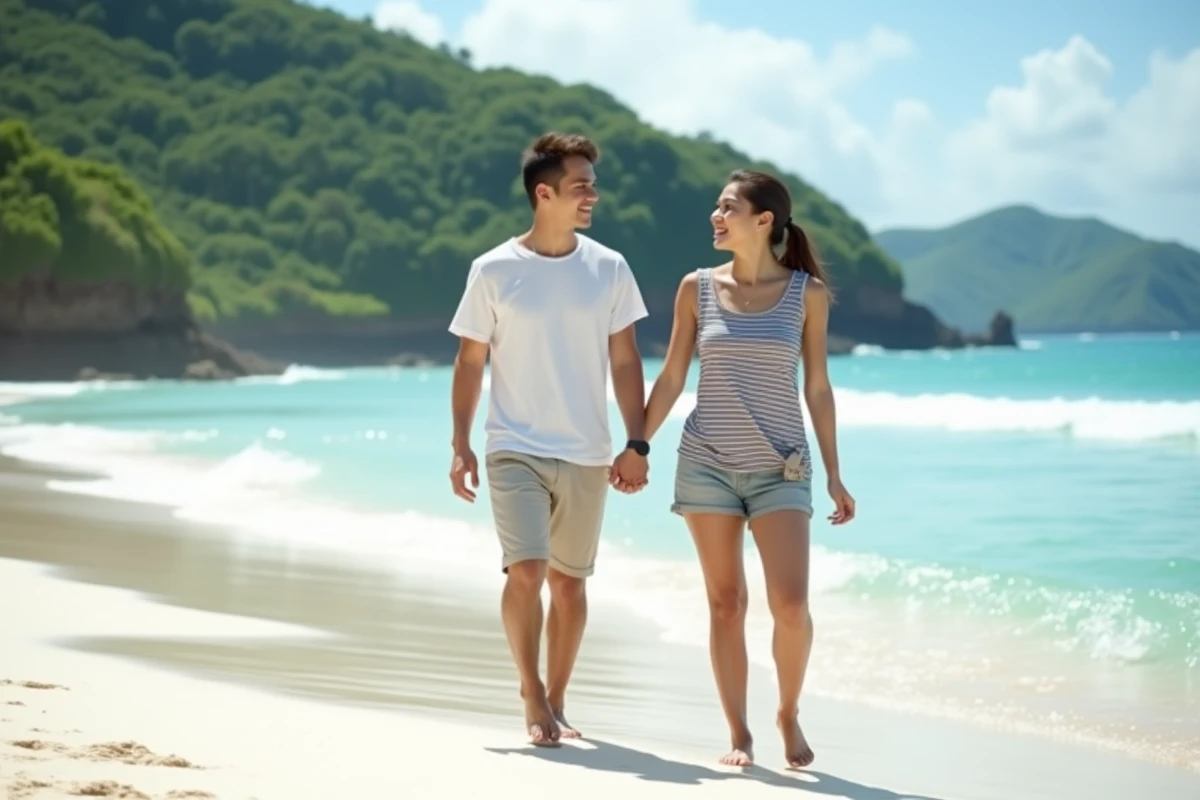Jeune couple souriant sur la plage de Kuta Lombok