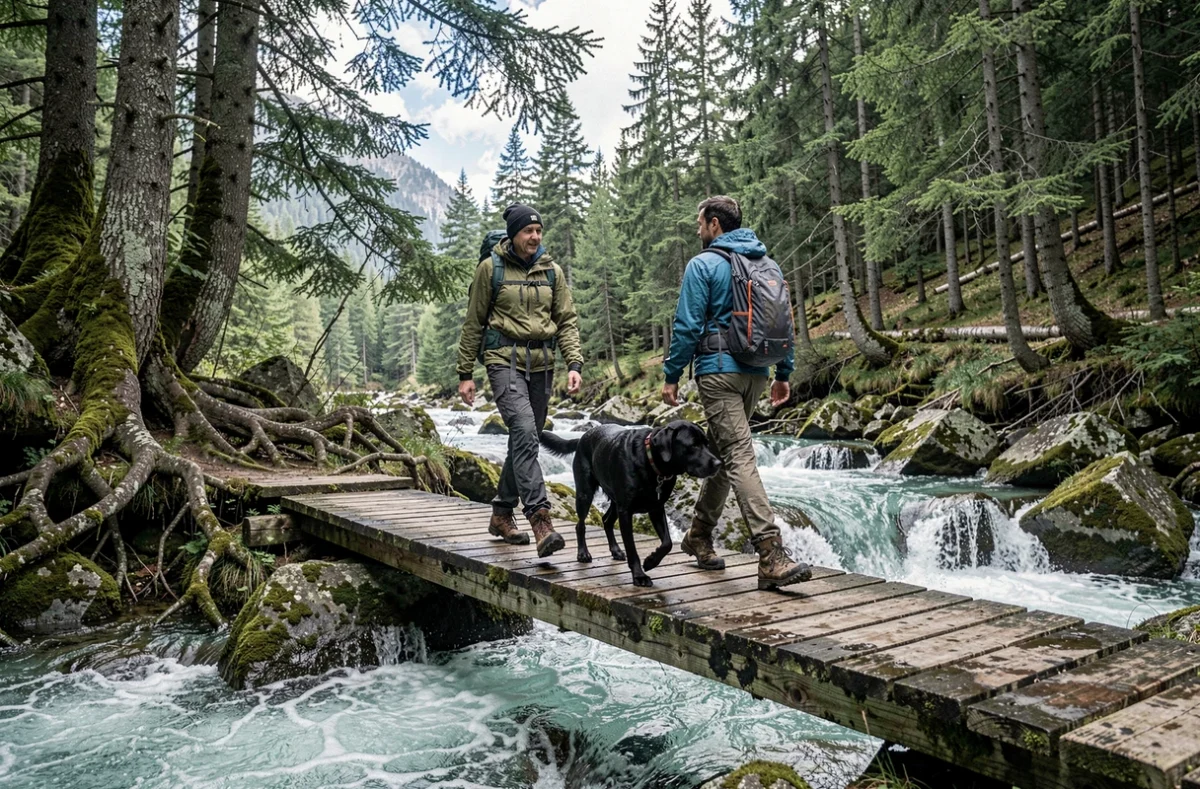 Couple et leur labrador traversant un pont de bois sur un torrent alpin en Vallée d'Aoste