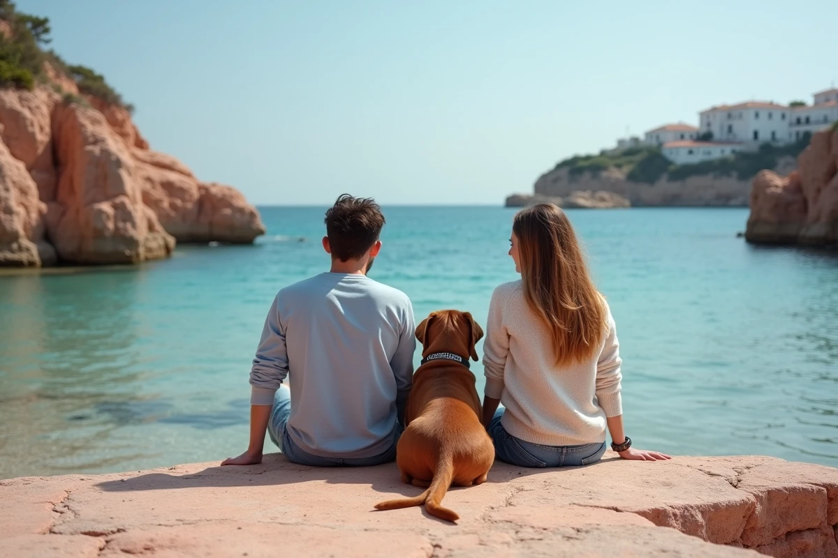 Couple et leur labrador se reposant sur un rocher de granit rose face à la mer dans une crique bretonne, illustration des plages autorisées aux chiens