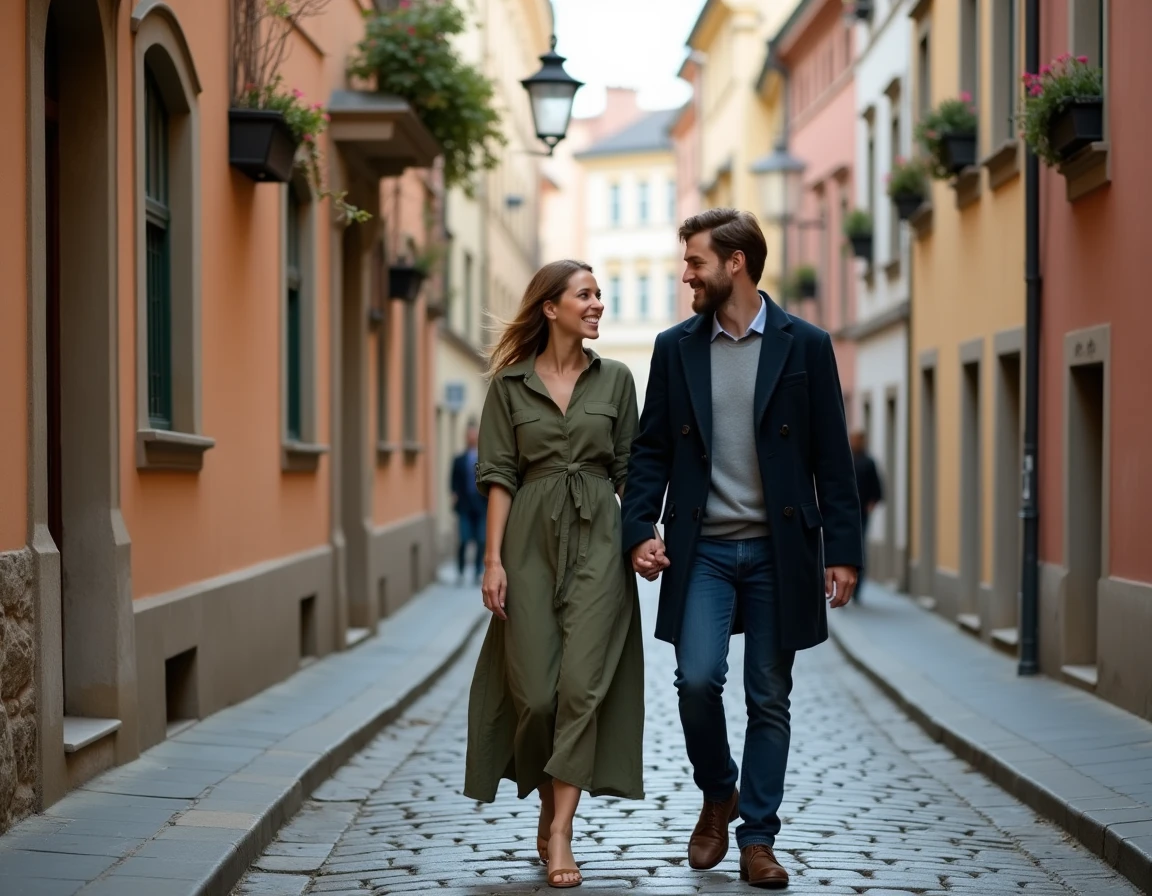 Couple se promenant main dans la main dans les ruelles pavées du quartier Malá Strana à Prague en automne