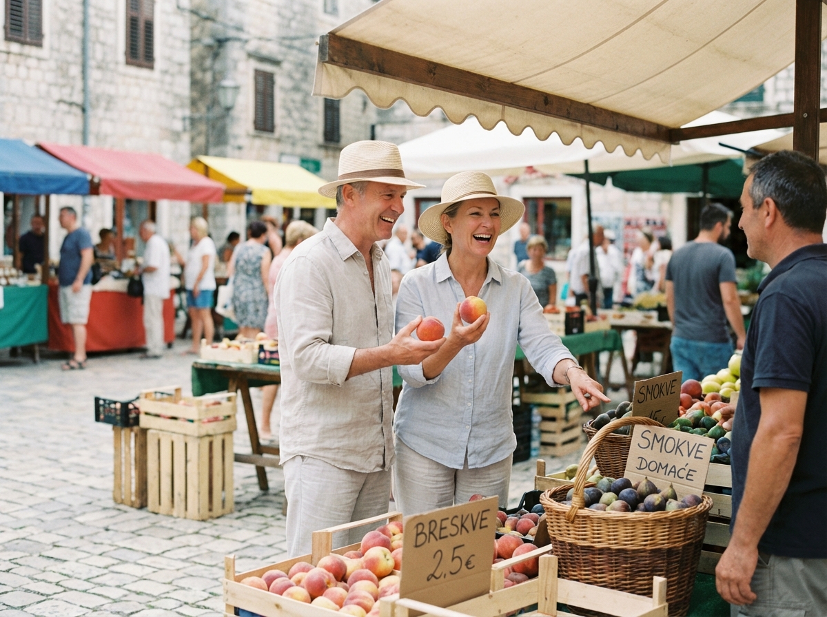 Couple souriant achetant des fruits au marché croate