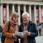 Couple souriant devant un musee neoclassique en plein air