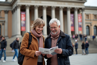 Couple souriant devant un musee neoclassique en plein air