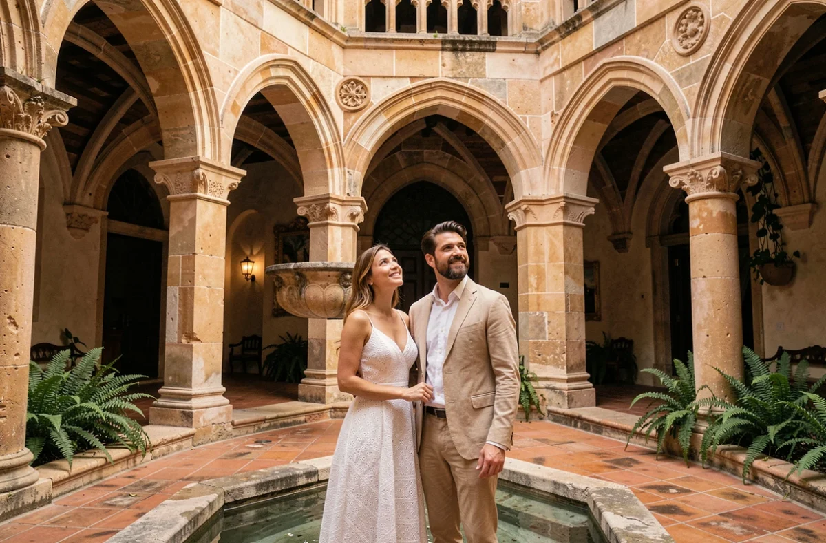 Couple admirant le patio gothique d'un palais historique de Palma de Majorque lors d'une escapade romantique