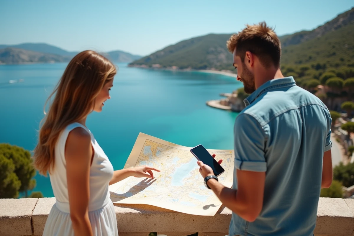 Couple planifiant un itinéraire méditerranéen avec une carte et un blog de voyage sur smartphone