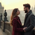 Couple amoureux sur le Pont Charles à Prague au lever du jour avec vue sur le château en arrière-plan