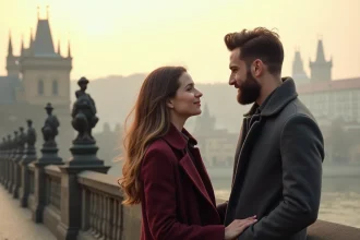 Couple amoureux sur le Pont Charles à Prague au lever du jour avec vue sur le château en arrière-plan