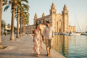Couple se promenant main dans la main sur le front de mer de Palma de Majorque avec la cathédrale en arrière-plan