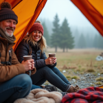 Couple souriant déballant leur tente au matin en camping
