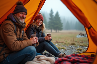 Couple souriant déballant leur tente au matin en camping