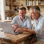 Couple consultant des offres de location de vacances en ligne sur un ordinateur portable dans une cuisine de maison de campagne française