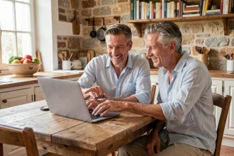Couple consultant des offres de location de vacances en ligne sur un ordinateur portable dans une cuisine de maison de campagne française