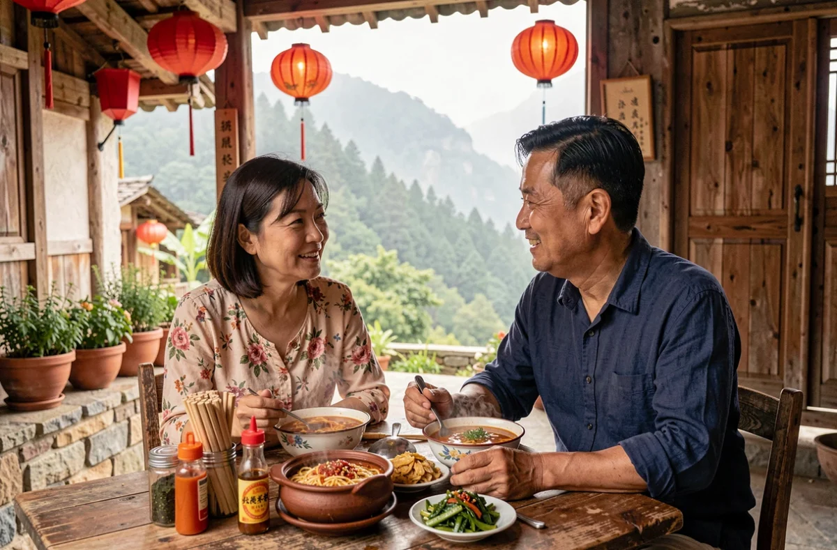 Couple de voyageurs dégustant des plats traditionnels du Hunan dans un restaurant rustique de village près de Zhangjiajie, avec les collines brumeuses en arrière-plan