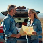 Couple avec carte devant SUV en pleine nature