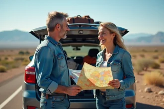 Couple avec carte devant SUV en pleine nature