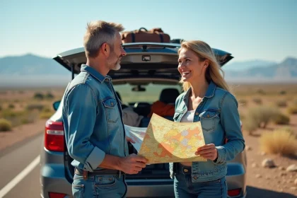 Couple avec carte devant SUV en pleine nature