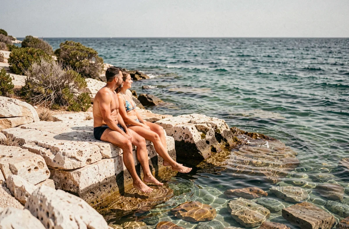 Couple assis sur les rochers de Porquerolles au bord d'une crique cristalline avec vue sur la mer Méditerranée