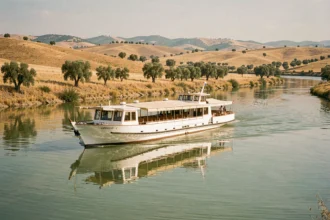 Bateau de croisière fluviale naviguant sur une rivière espagnole entourée de collines dorées et d'oliviers