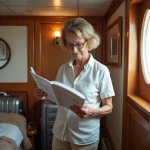 Femme détendue examinant un itinéraire de croisière en cabine