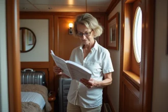 Femme détendue examinant un itinéraire de croisière en cabine