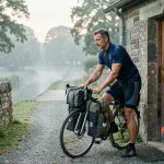 Cycliste chargeant ses sacoches devant un gîte en pierre bretonne au bord du canal de Nantes à Brest au petit matin