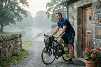 Cycliste chargeant ses sacoches devant un gîte en pierre bretonne au bord du canal de Nantes à Brest au petit matin