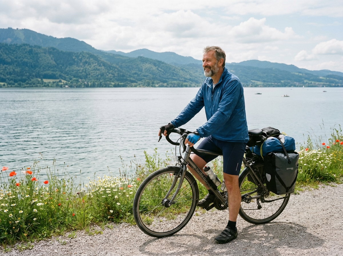 Homme souriant en vélo au bord du lac Constance