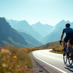 Cycliste montant une route de montagne ensoleillee sur le Plateau de Beille