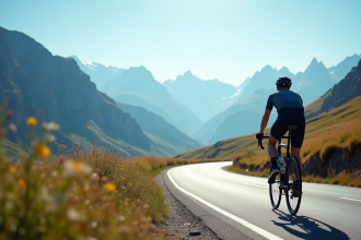 Cycliste montant une route de montagne ensoleillee sur le Plateau de Beille