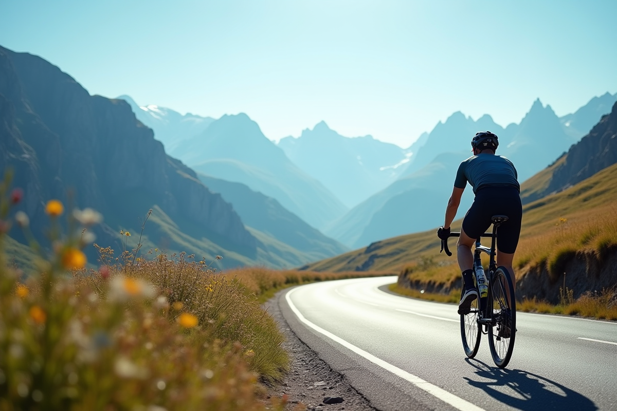 Cycliste montant une route de montagne ensoleillee sur le Plateau de Beille