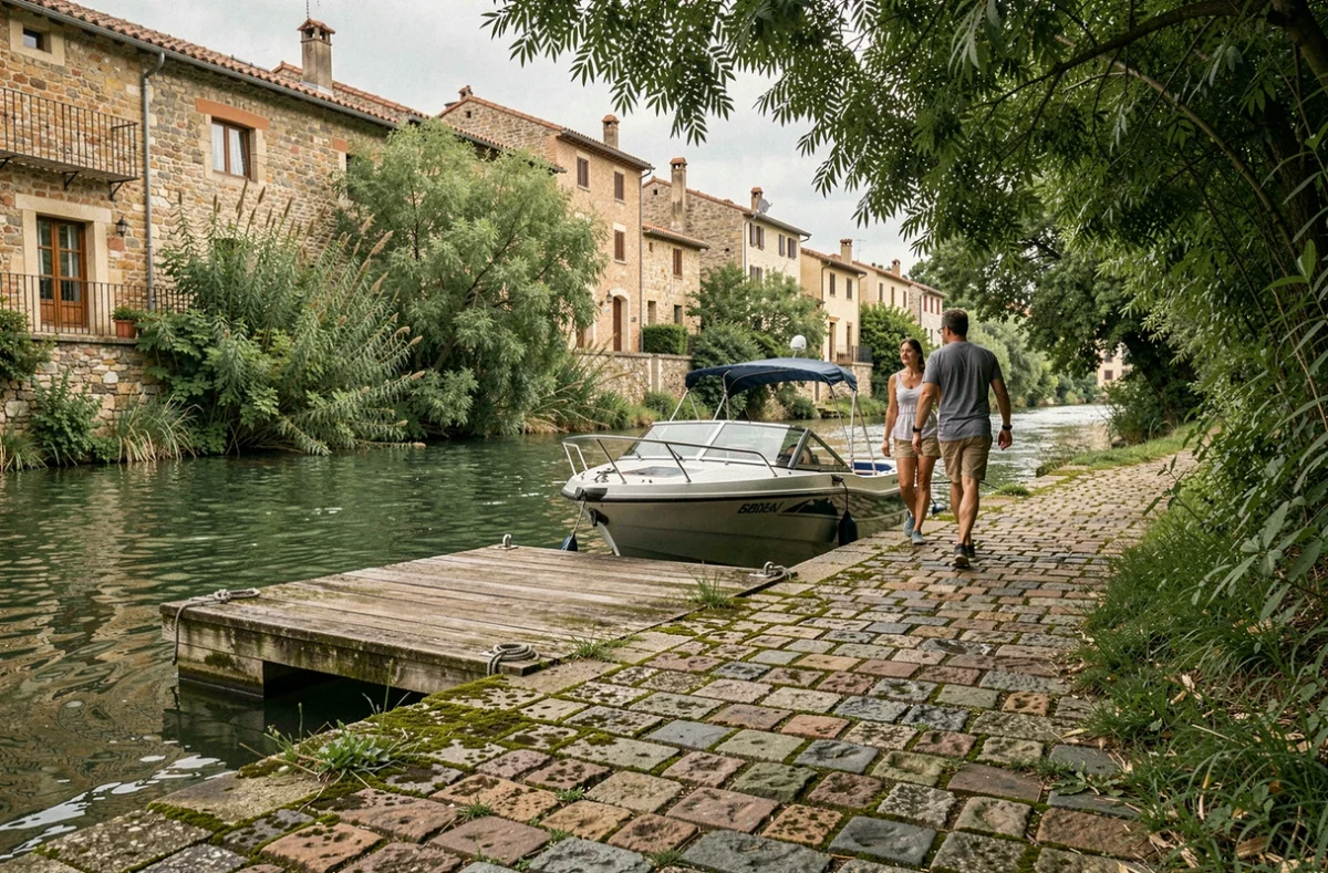 Passagers débarquant d'un tender sur un quai de pierre au bord d'une rivière espagnole lors d'une croisière fluviale