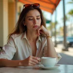 Femme fatiguée par le décalage horaire attablée à une terrasse de café à Miami Beach