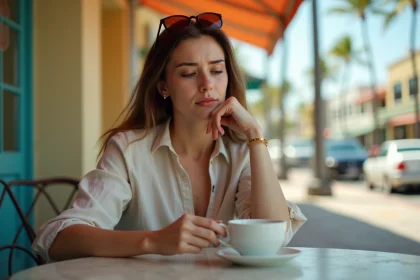 Femme fatiguée par le décalage horaire attablée à une terrasse de café à Miami Beach