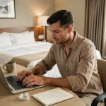 Digital nomad travaillant sur son ordinateur portable dans une chambre d'hôtel réservée à la journée, avec café et carnet de notes sur le bureau