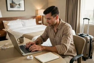 Digital nomad travaillant sur son ordinateur portable dans une chambre d'hôtel réservée à la journée, avec café et carnet de notes sur le bureau