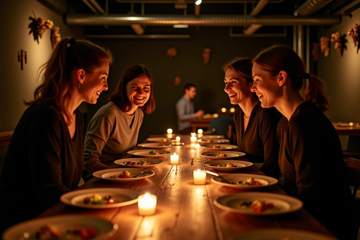 Groupe d'amis riant autour d'une table lors d'un dîner immersif et original à Paris dans une salle au décor industriel et botanique