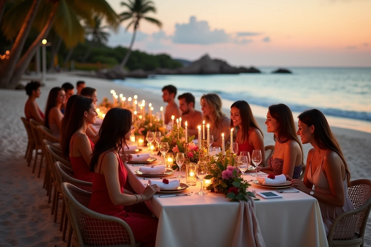 Dîner de Noël de luxe en plein air sur la plage en Guadeloupe au coucher du soleil avec table dressée et décoration festive tropicale